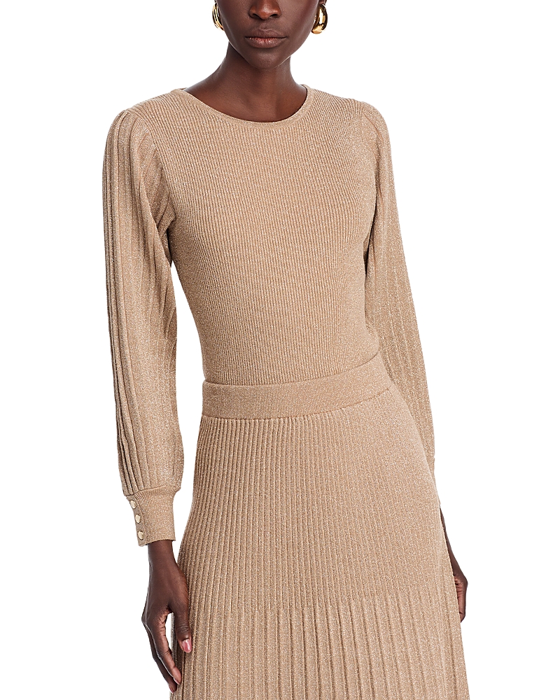 T Tahari Pleated Sleeve Crewneck Sweater In Satin Shim
