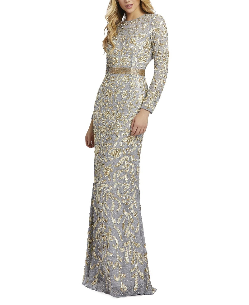 Mac Duggal Long Sleeve Embellished Gown In Platinum Gold