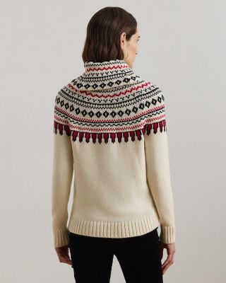 Boho Fair Isle Fringe Long Sleeve Turtleneck Cream Pullover Sweater