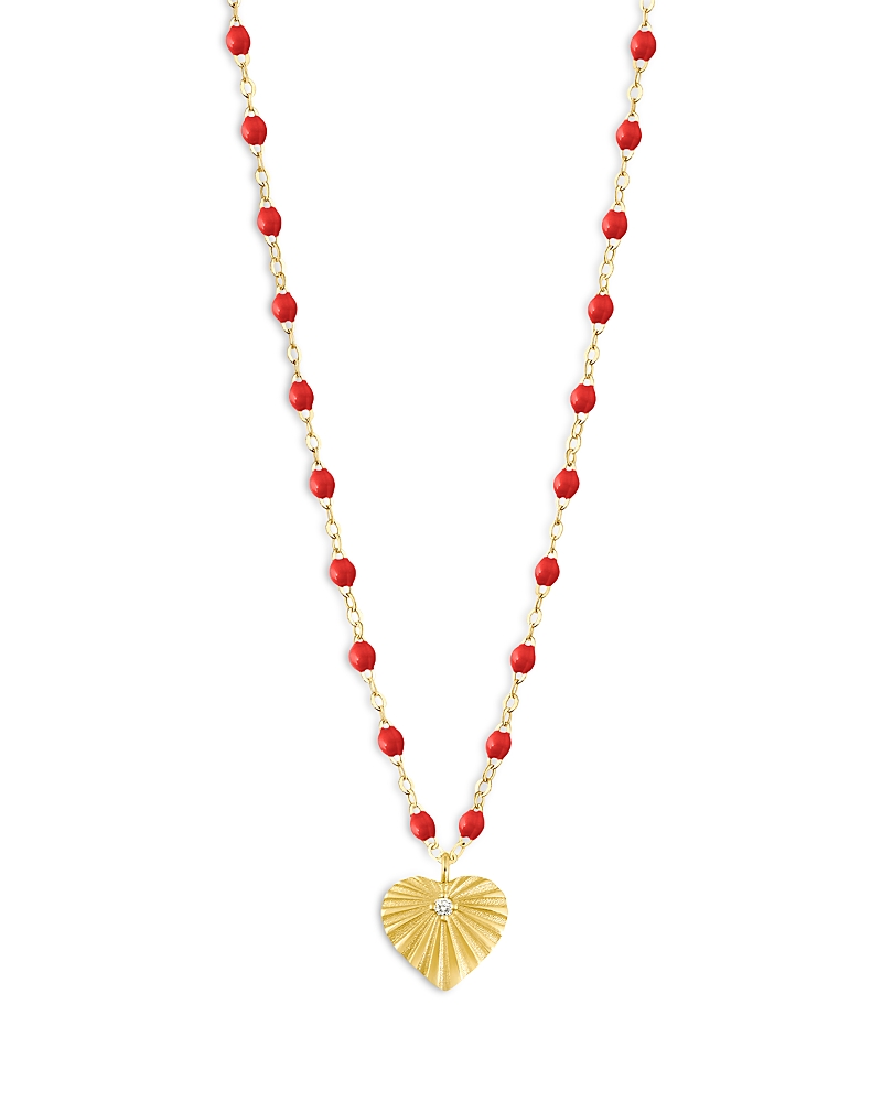 Gigi Clozeau 18K Yellow Gold Heart Lumiere Diamond & Red Bead Sunray Heart Pendant Necklace, 16.1