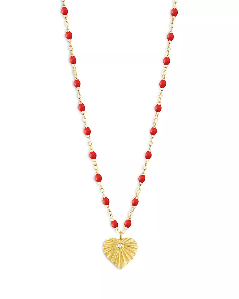 Gigi Clozeau 18K Yellow Gold Heart Lumiere Diamond & Red Bead Sunray Heart Pendant Necklace, 16.1