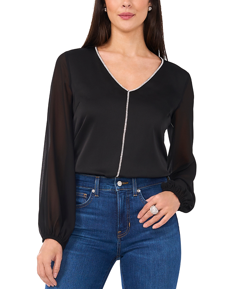 Vince Camuto Crystal Detail Long Sleeve Hammered Satin & Chiffon Top In Rich Black