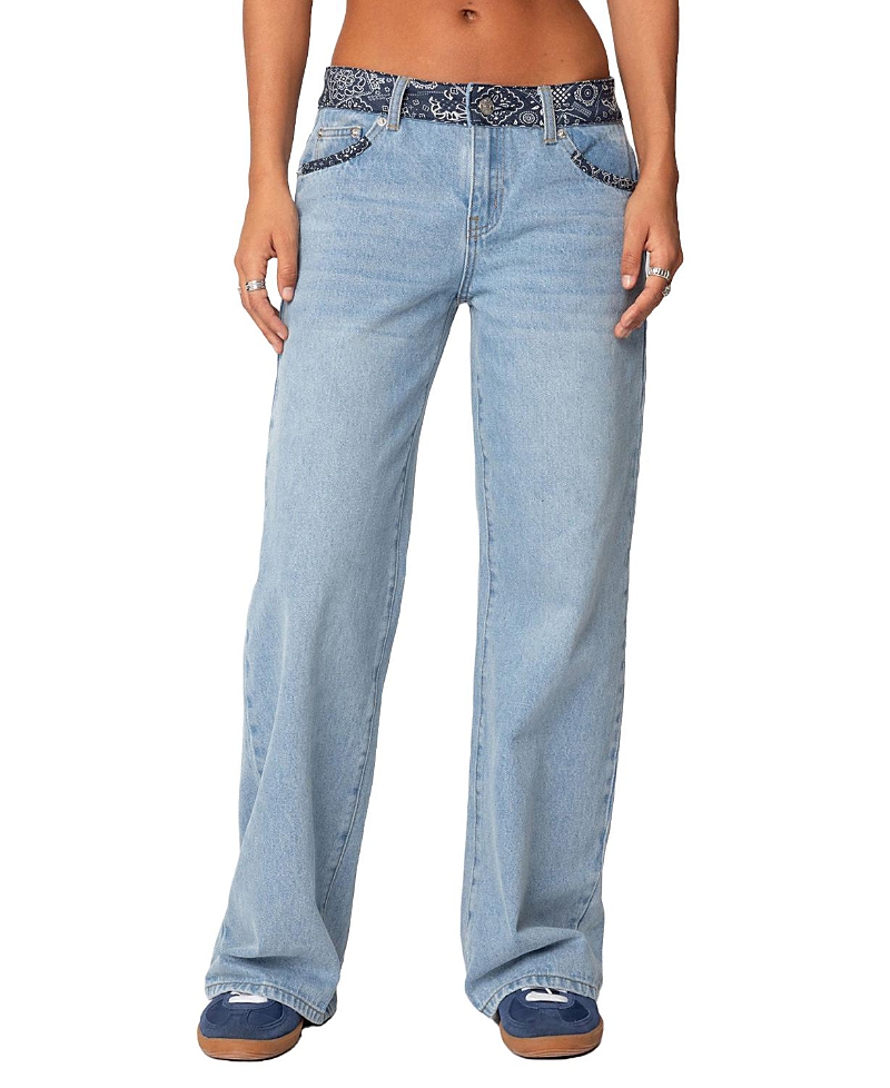 Shop Edikted Bandana Bliss Low Rise Jeans In Blue Washed