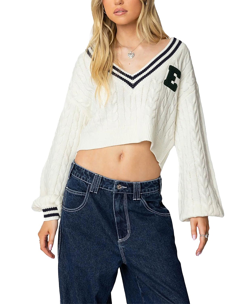 Shop Edikted Collegiate Cropped Cable Knit Sweater In Cream