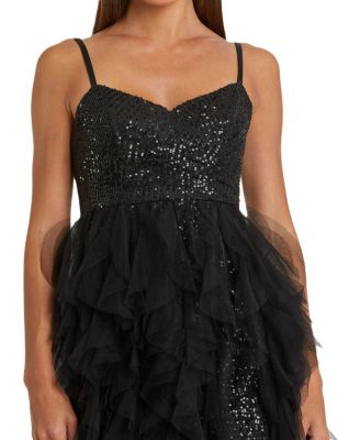  Sequin Mini With High Low Ruffle Tiered Train Dress