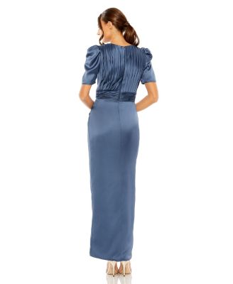 Puff Sleeve Pleated Bodice Draped Gown
