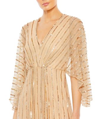  Beaded Striping Kimono Sleeve V Neck Gown