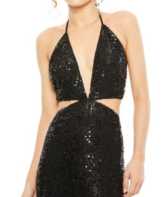 Cut Out Halter Tie Back Sequin Gown