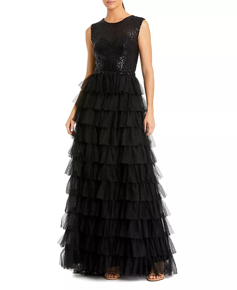 Mac Duggal Ruffle Tiered Sequin High Neck Gown