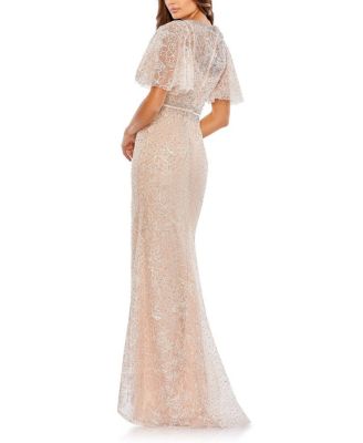 Embellished Neck Butterfly Sleeve Trumpet Gown