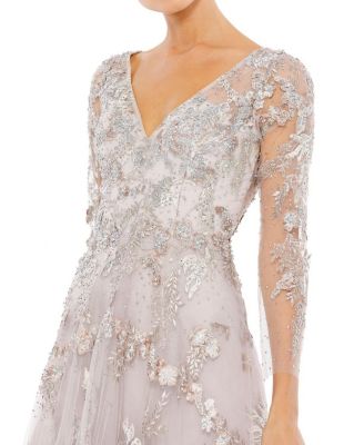  Appliqued Illusion Long Sleeve A Line Gown