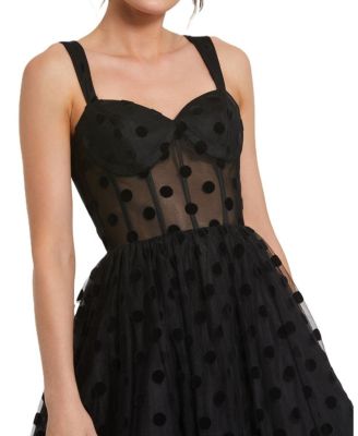 Mac Duggal Polka Dot Net Bustier A-Line Midi Dress