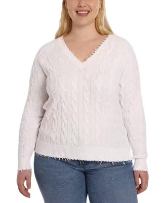  Plus Size Cotton Frayed Cable Cardigan