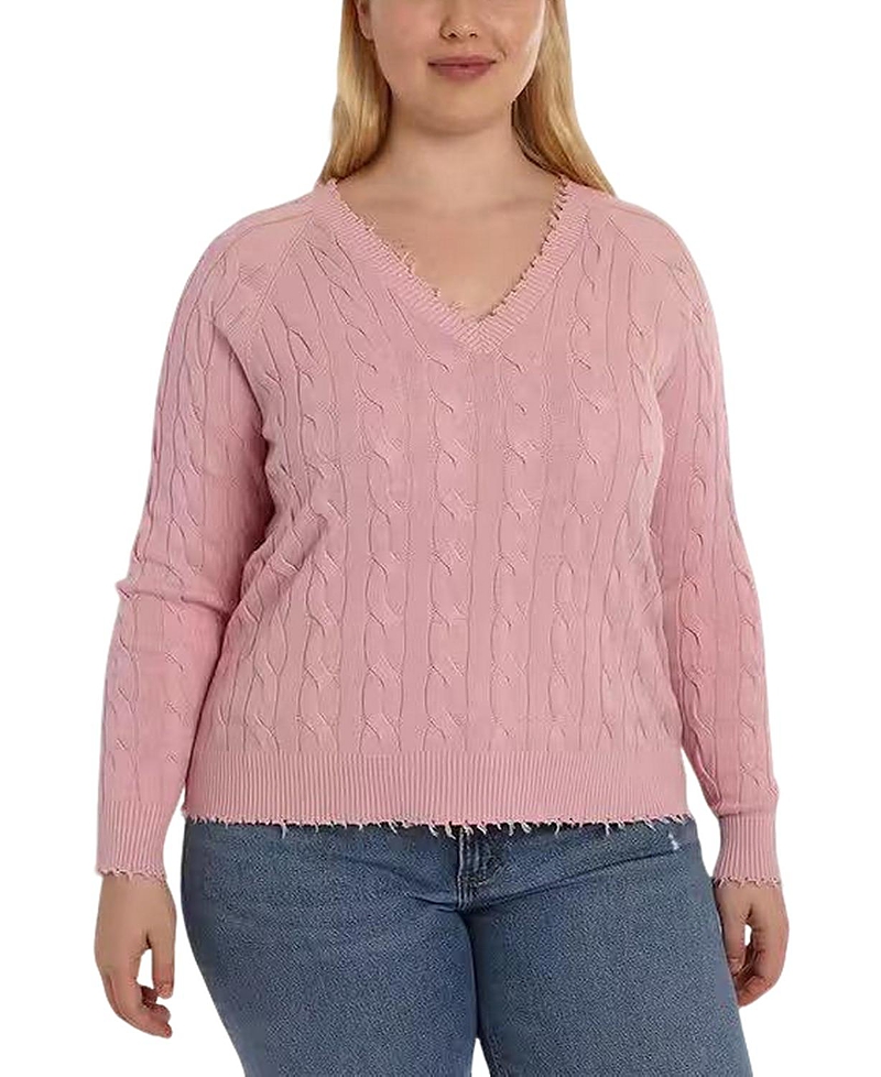 Minnie Rose Plus Size Cotton Frayed Cable Cardigan In Pink