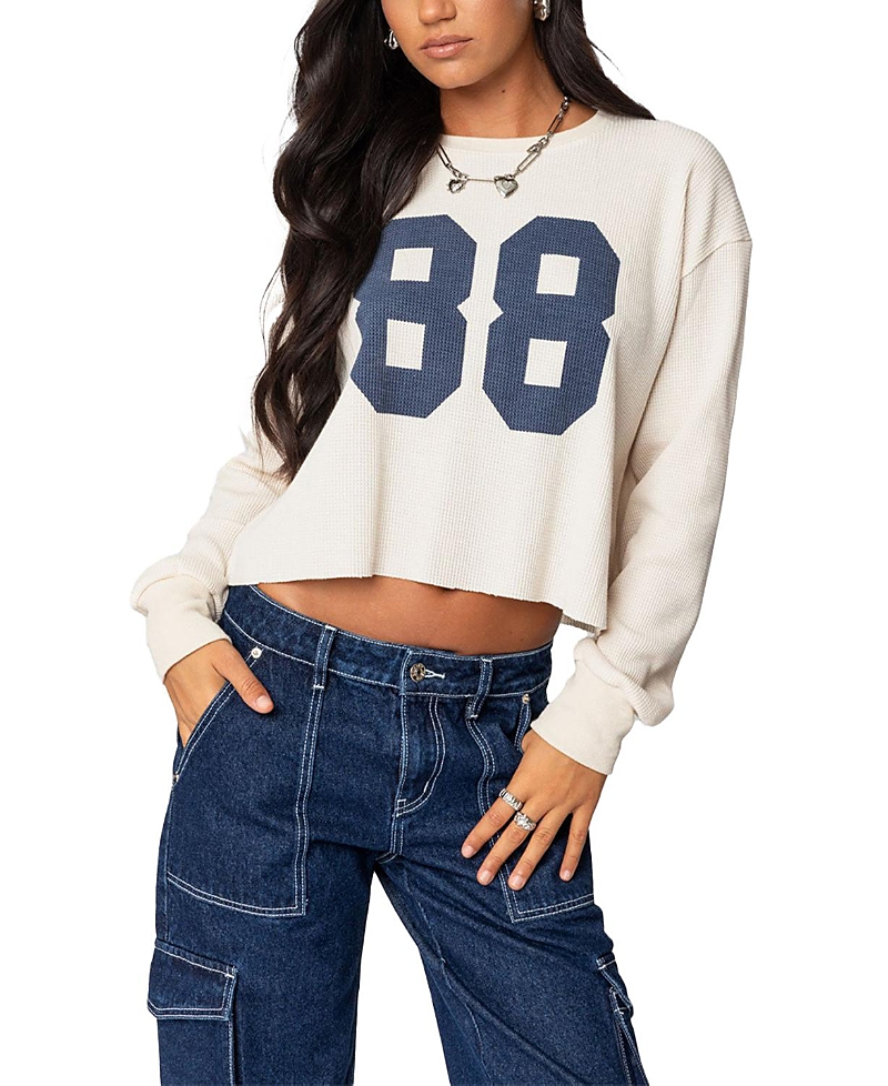 Edikted 88 Crop Long Sleeve Waffle Knit Top In Neutral