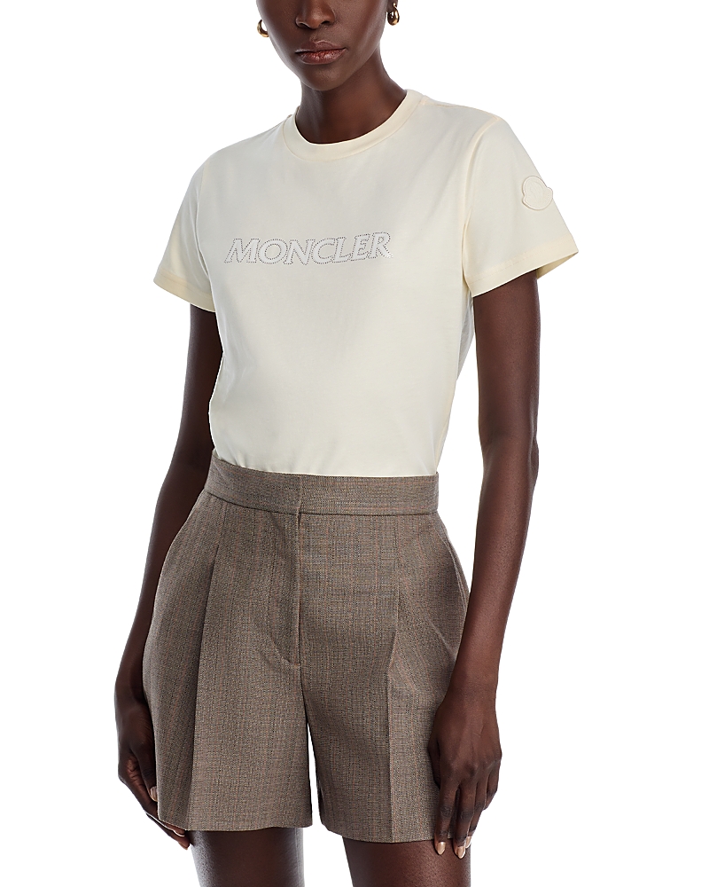 Moncler Crew Neck Cotton T-shirt With Embroidered Logo In Natural