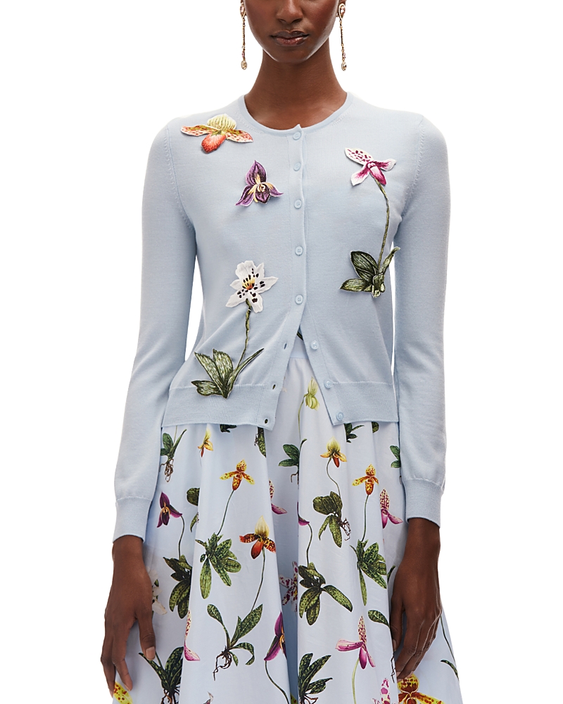 Oscar De La Renta Orchid Embroidered Virgin Wool Cardigan In Light Blue