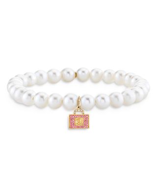 Wicked x Sydney Evan 14K Yellow Gold Glinda Pink Sapphire Luggage Charm Freshwater Pearl Bracelet