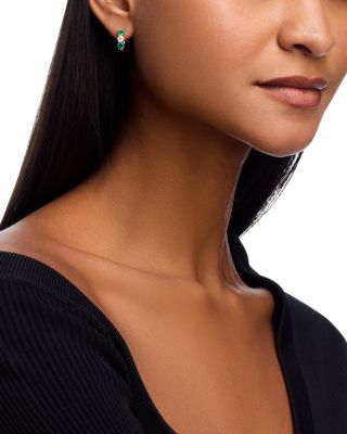 14K Yellow Gold Emerald & Diamond Hoop Earrings
