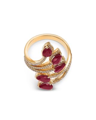 14K Yellow Gold Ruby Double Row Bypass Ring