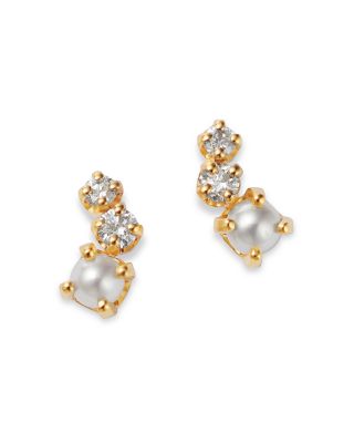 Zoë Chicco - 14K Yellow Gold Graduated Curved Diamond & Cultured Freshwater Pearl Stud Earrings