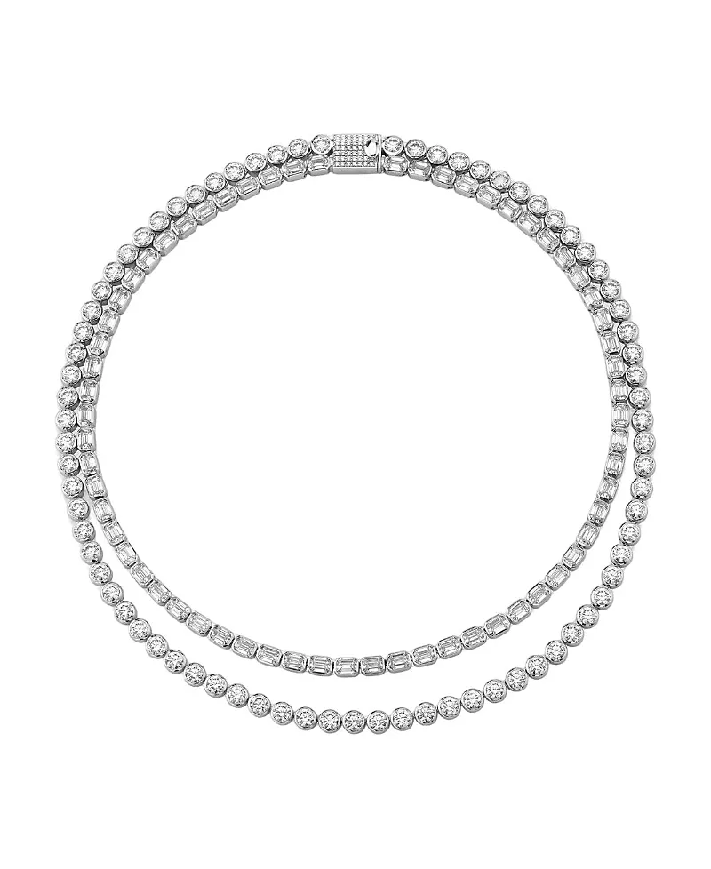 Celestial Double Strand Tennis Necklace in 14K White Gold, 42.36ctw Emerald & Brilliant Round Lab Grown Diamonds