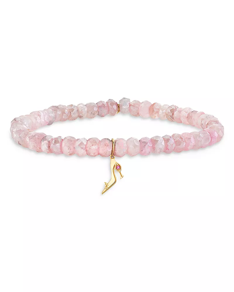 Sydney Evan Wicked x Sydney Evan 14K Yellow Glinda Pure Heel Charm Pink Beaded Bracelet