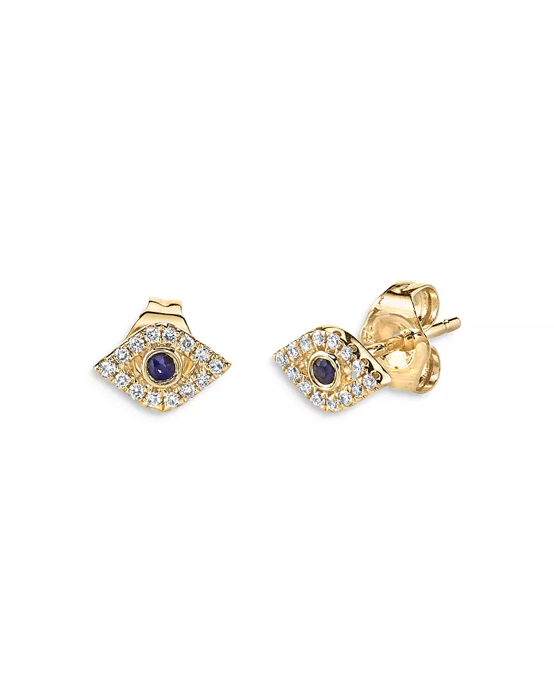 Sydney Evan 14k Yellow Gold Blue Sapphire & Diamond Evil Eye Stud Earrings