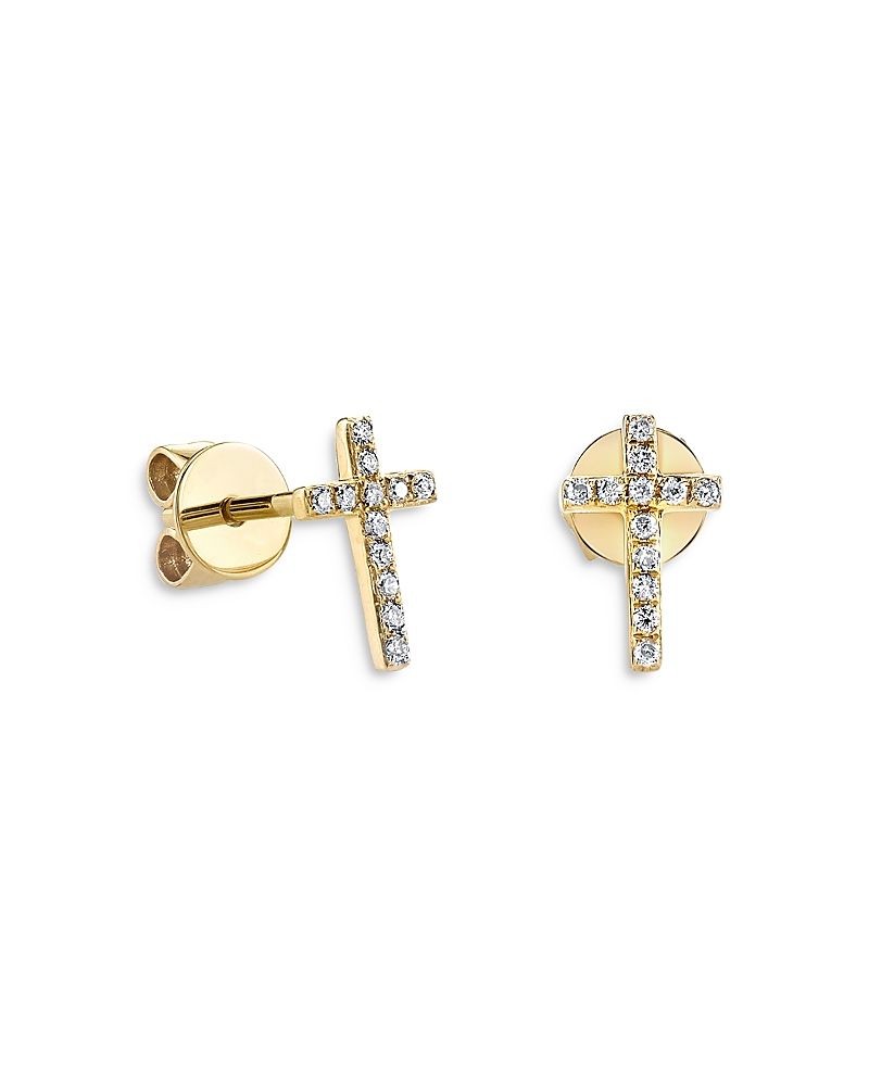 Sydney Evan 14k Yellow Gold Diamond Mini Cross Stud Earrings In Gold