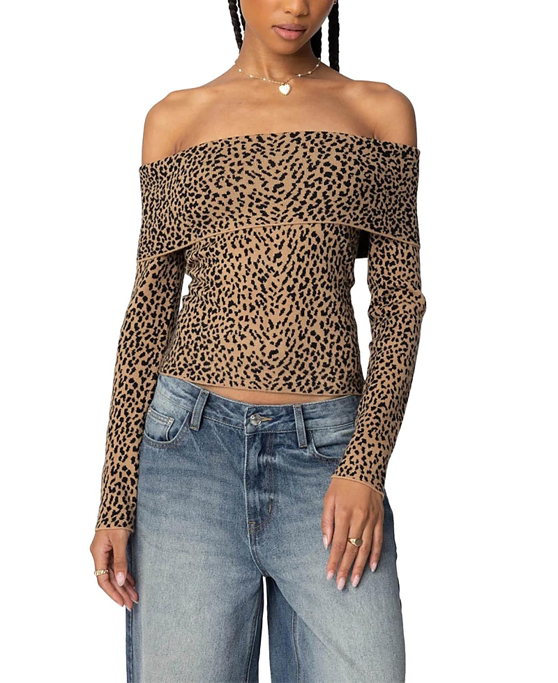 EDIKTED LEOPARD PRINTED FOLD OVER KNIT TOP