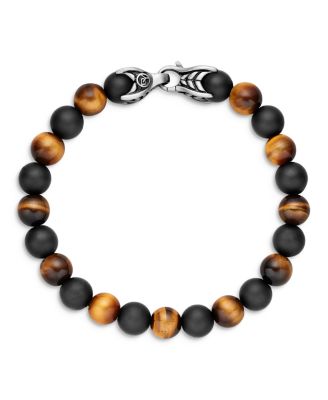 Men's Spiritual Beads Alternating Bracelet in Sterling Silver with Tigers Eye and Black Onyx, 8mm