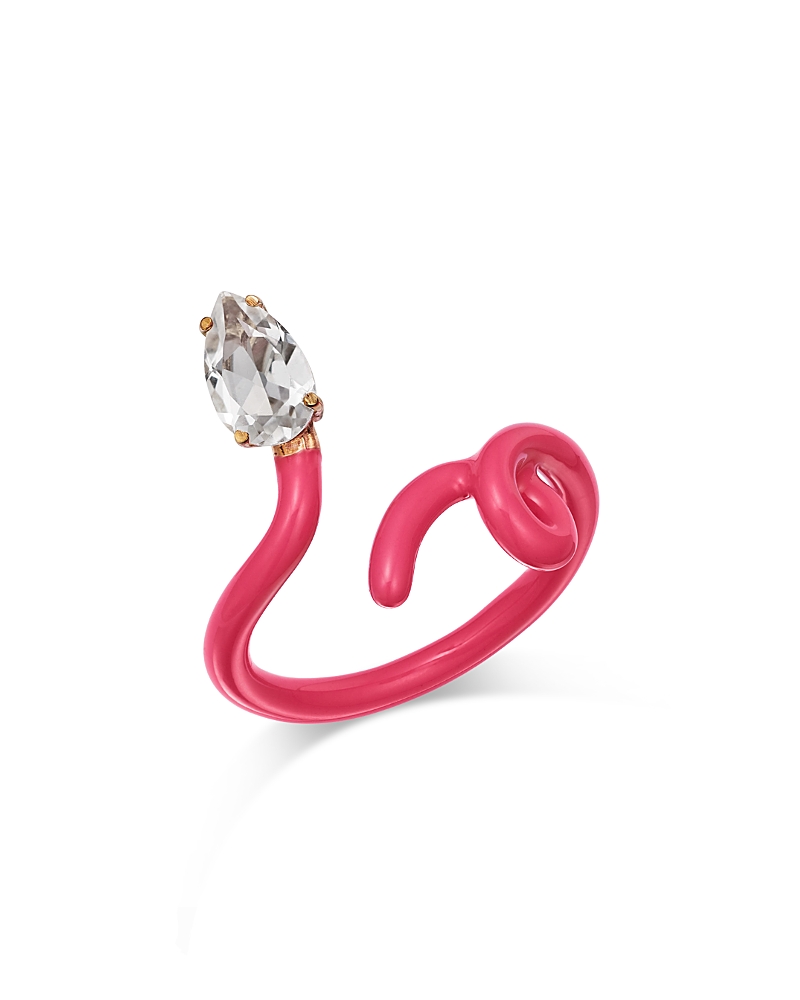 Bea Bongiasca 9k Yellow Gold You're So Vine Rock Crystal & Pink Enamel Tendril Ring In Pink