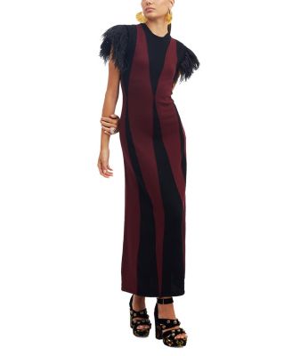 La DoubleJ - Harlequin Sleeveless Dress in Bordeux/Nero Bordeaux with feathers