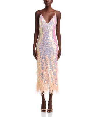 LoveShackFancy Miriana Iridescent Sequined Midi Dress with Feathers |  Bloomingdale's Women
