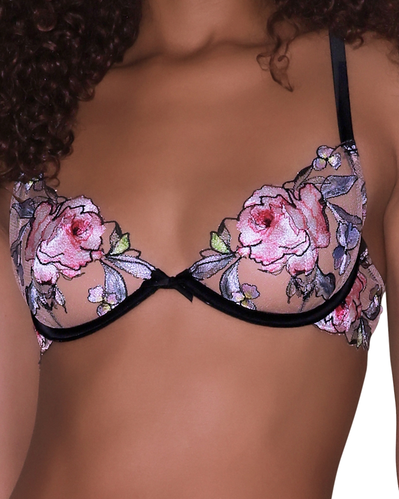 Fleur Du Mal Black Fidelia Embroidery Demi Bra In Black