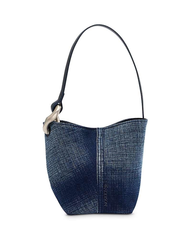 Jw Anderson Corner Small Acid Wash Denim Bucket Bag In Blue