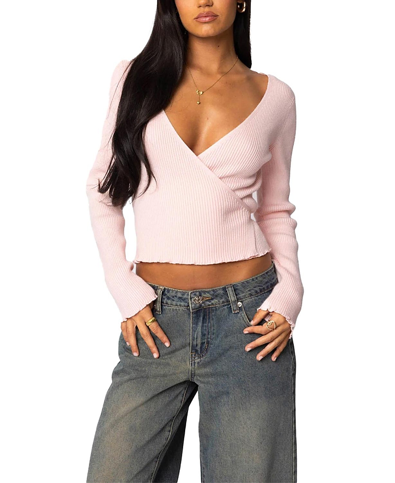 Shop Edikted Paden Ribbed Knit Wrap Top In Light Pink