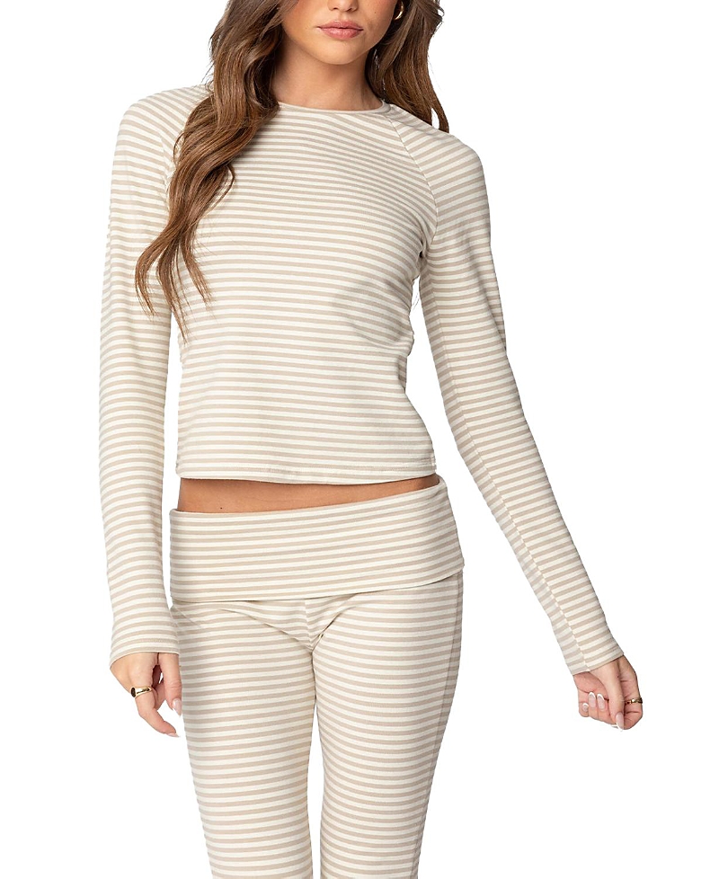 Edikted Kaeli Stripe Long Sleeve T-shirt In Beige