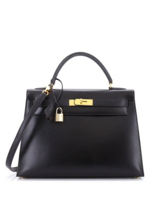 Pre-Owned Hermes Kelly 32 Handbag Black Box Calf with Gold Hardware