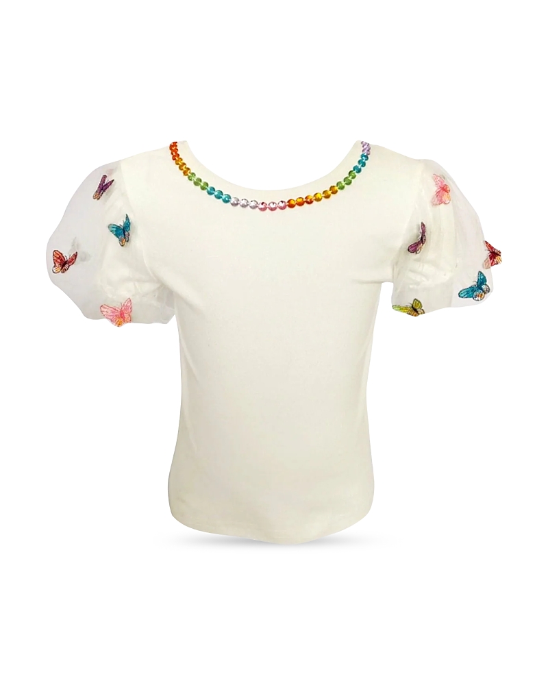 Lola + The Boys Girls' 3D Rainbow Butterflies Cotton Puff Sleeve Tee - Little Kid, Big Kid