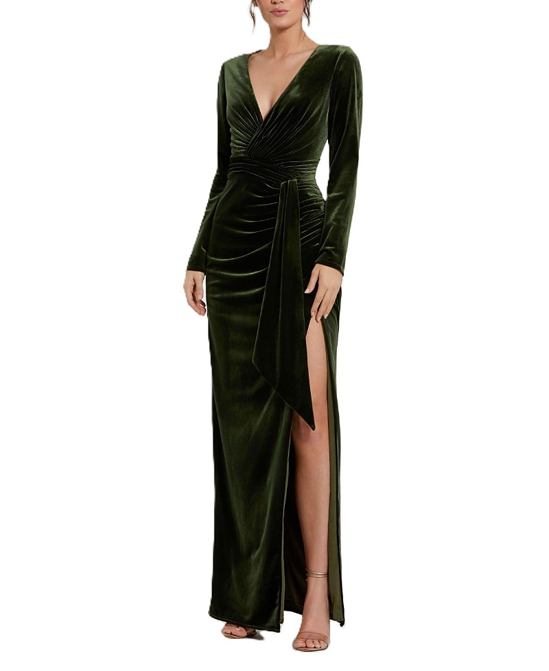 Mac Duggal Princess Sleeve Cut Out Metallic Gown In Olive