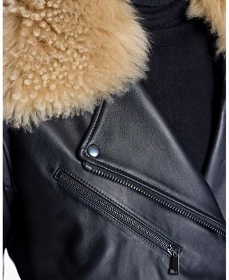 Leather Moto Jacket with Detachable Shearling Collar