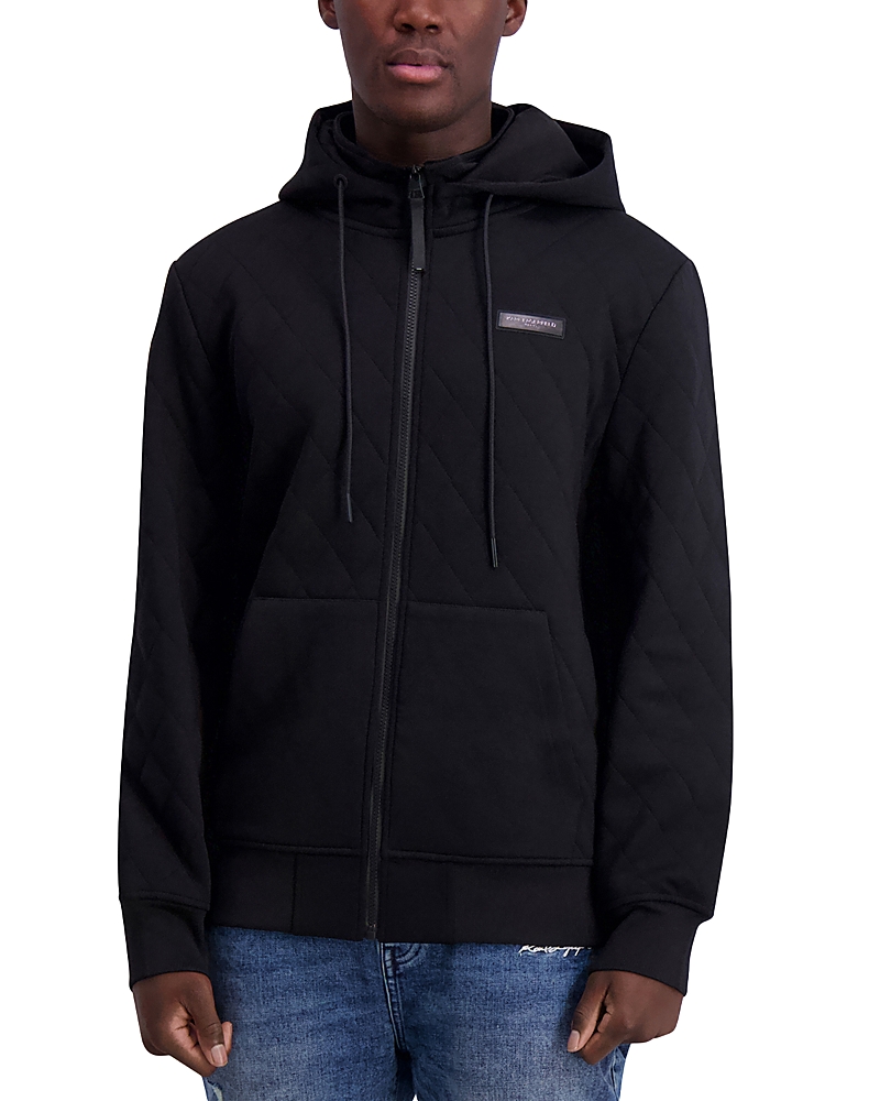 Karl Lagerfeld Men's Slim Fit Quilted Zip-front Long Sleeve Hoodie In Black