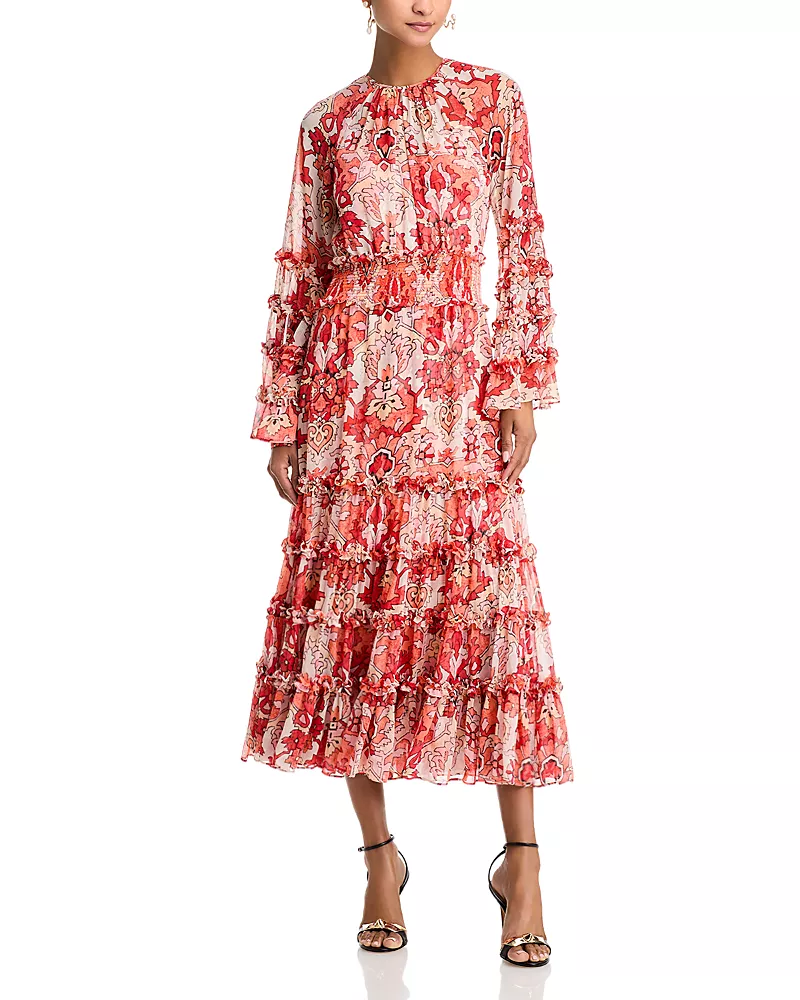 Cinq a Sept Damask Sunnina Ruffled Tiered Midi Dress