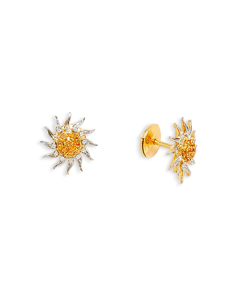 Yvonne Léon 18k Yellow Gold Paire De Mini Puces Soleil Citrine & Gray Diamond Sun Stud Earrings In Gold