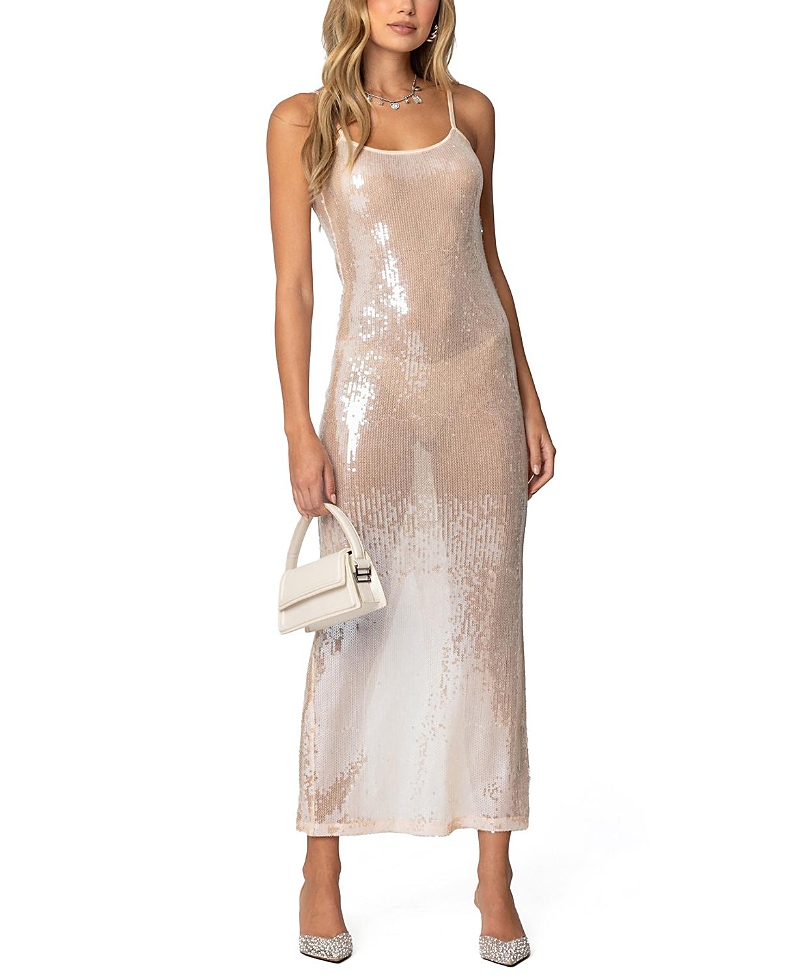 Edikted Sheer Sequin Slitted Maxi Dress In Light Pink