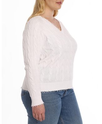 Plus size Cotton Frayed Cable Long Sleeve V Neck Sweater Top