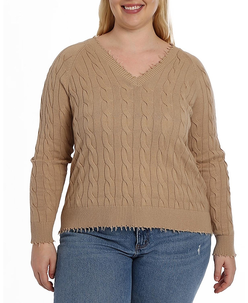Minnie Rose Plus Size Frayed Cable-knit Cardigan In Brown Sugar