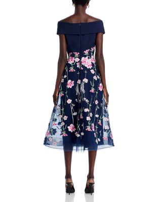 Crepe Off-the-Shoulder Embroidered Tulle Dress