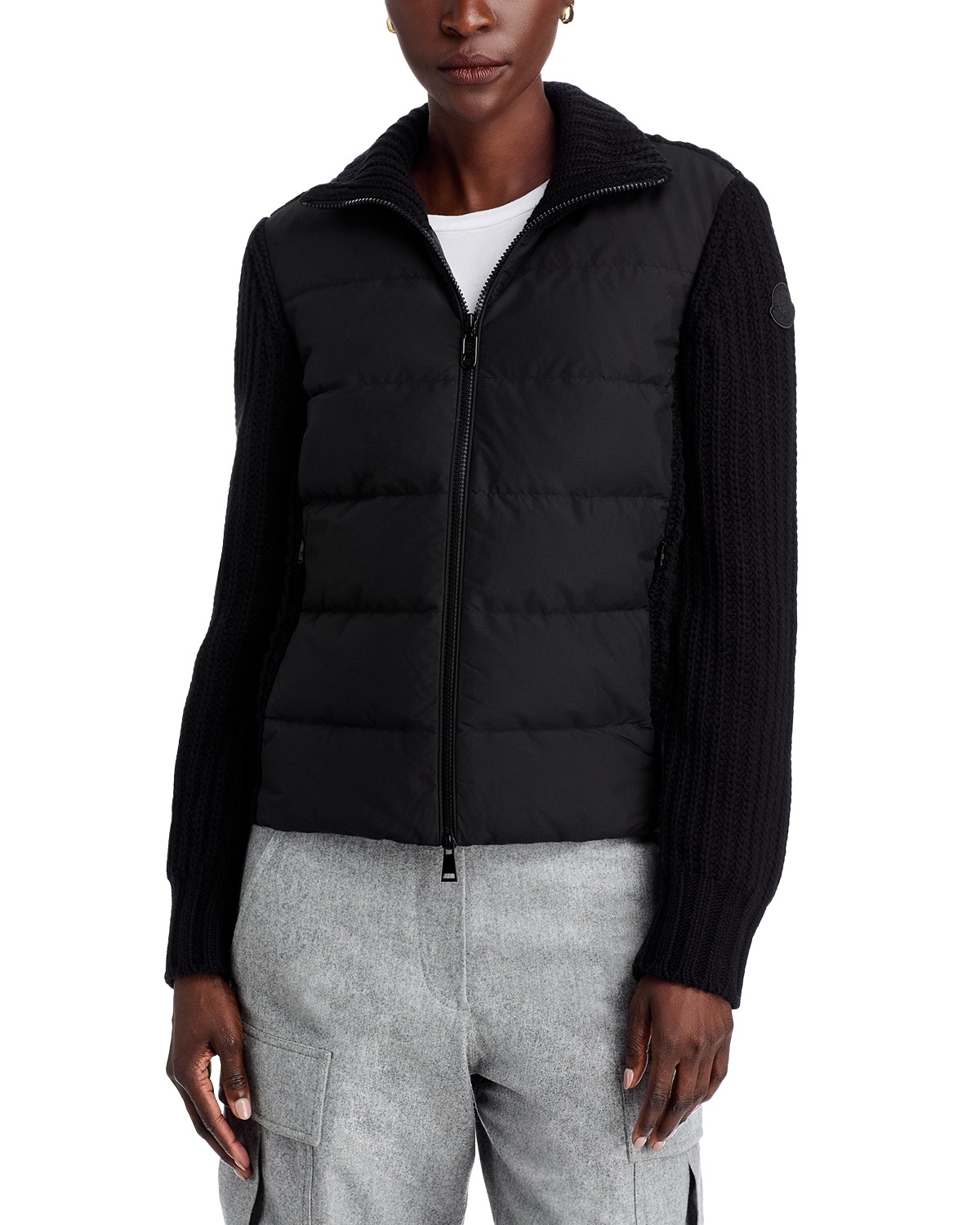 Moncler Mixed Media Wool & Cashmere Zip Up Cardigan in Black